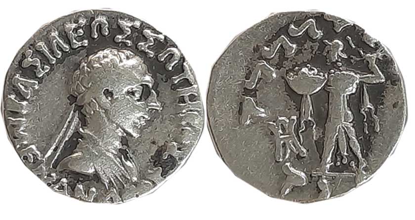 Indo Greeks, Menander I, Silver Drachma, 2.38g, Obv: Diademed bust of king to right, Greek