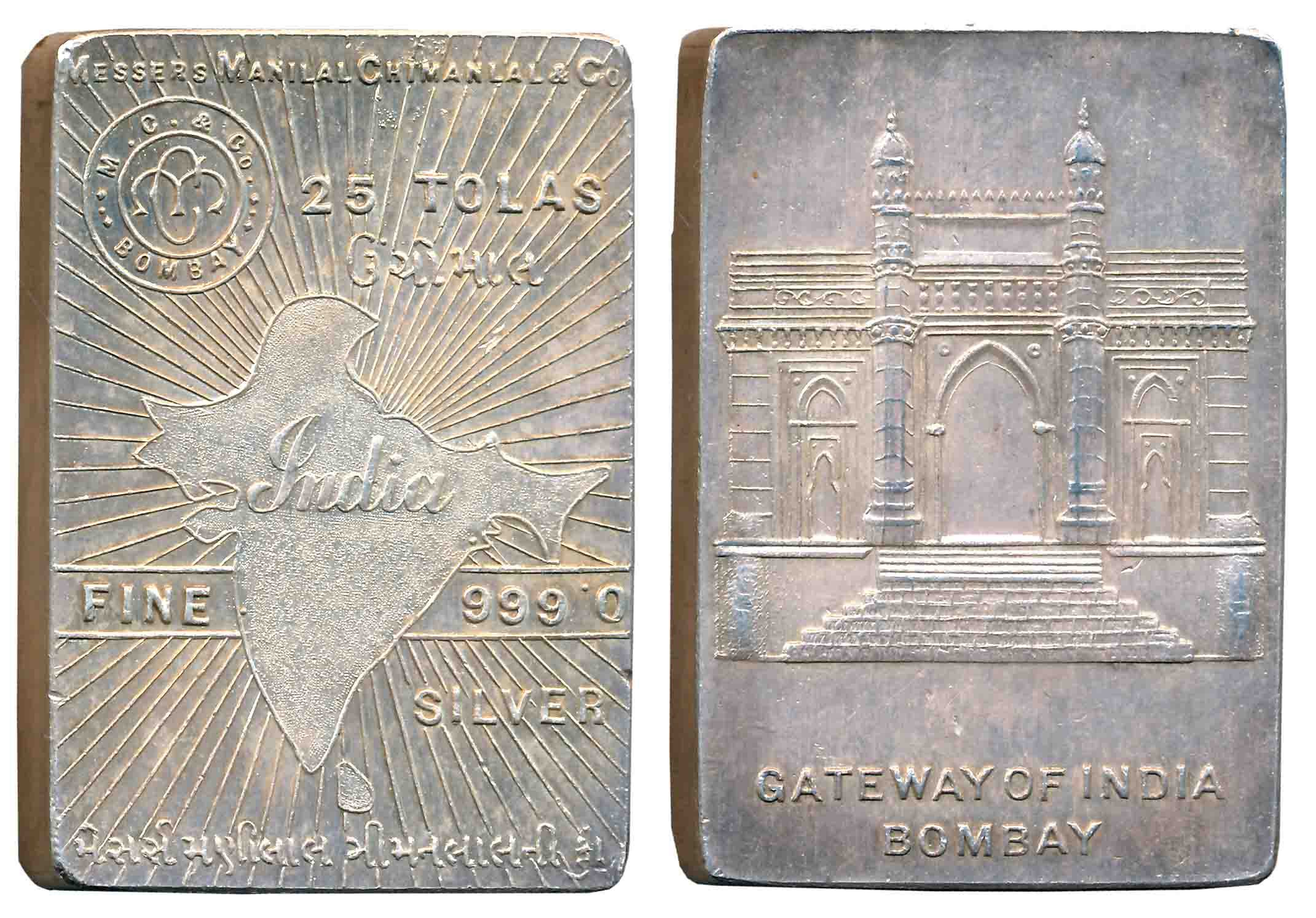 Silver Bar, 25 Tolas, 292.02g, M/s Manilal Chimanlal & Co. Bombay, map of undivided India 