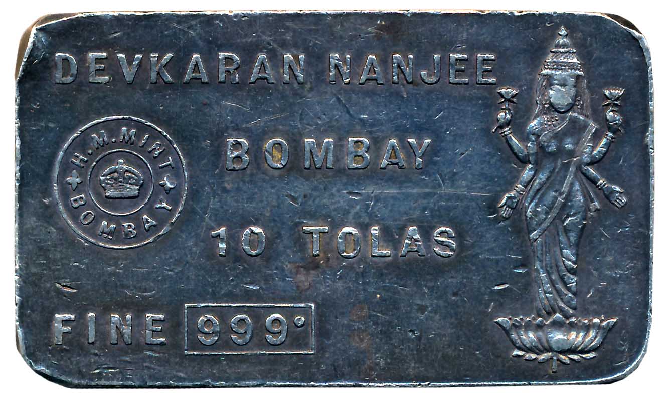 Devakaran Nanjee- Dena Bank, Silver Bar, 10 Tola 116.73g, Fine 999.0, H M Mint, Bombay, Go