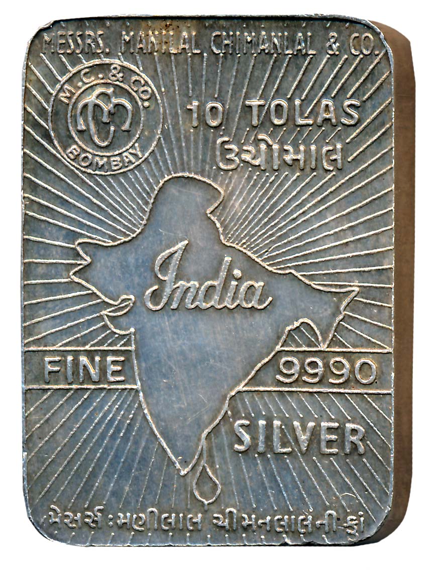 Silver Bar, 10 Tolas, 116.58g, M/s Manilal Chimanlal & Co. Bombay, map of undivided India 