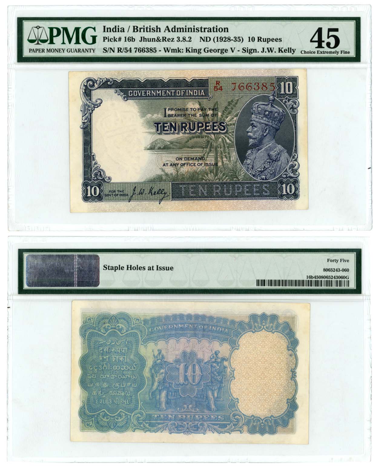 George V, Rupees 10, 3rd issue, Type 3.8, Signed by J W Kelly, Prefix R/54 (R IPM# 3.8.2).