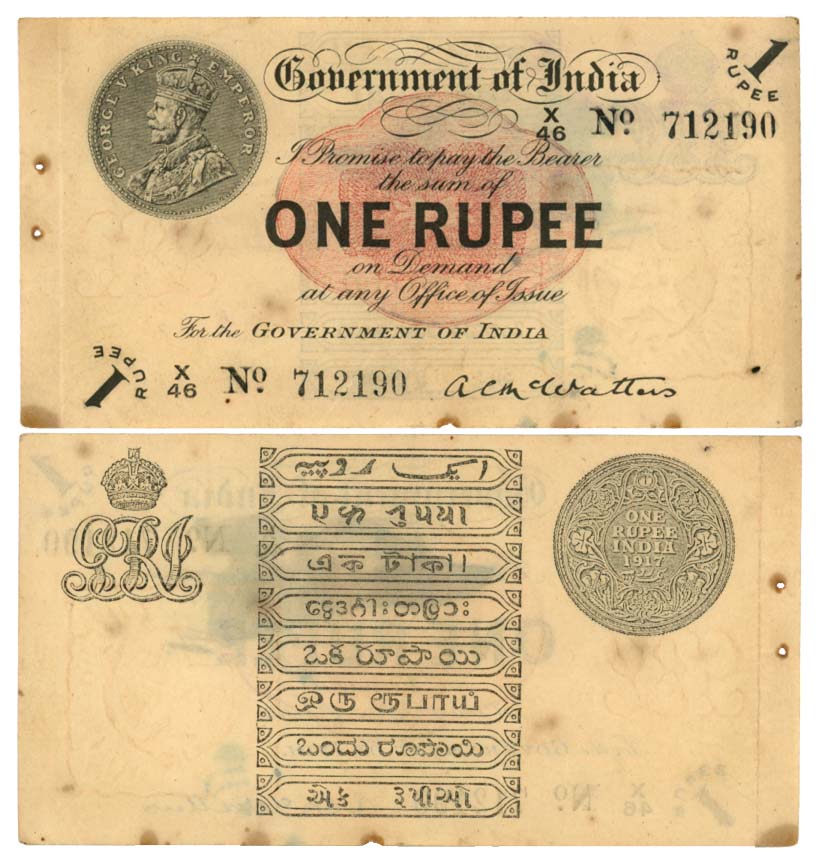 George V, Rupees 1, Type 3.1, 1917, Universalised, Signed by A C McWatters, Prefix X/46 (R