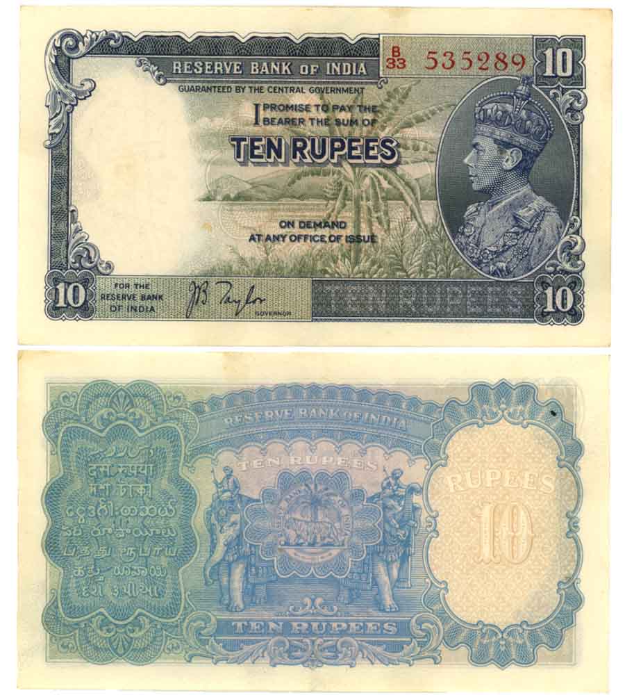George VI, Rupees 10, Type 4.5, Signed by J B Taylor, Prefix B/33 (RIPM# 4.5.1). Extremely