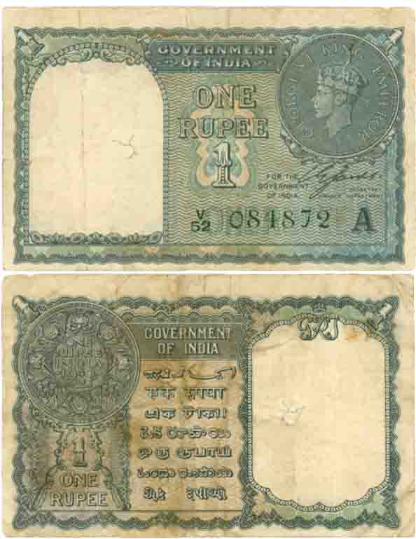 George VI, Rupee 1, Type 4.1, Signed by C.E. Jones, Inset A, Prefix V/52, Serial number in