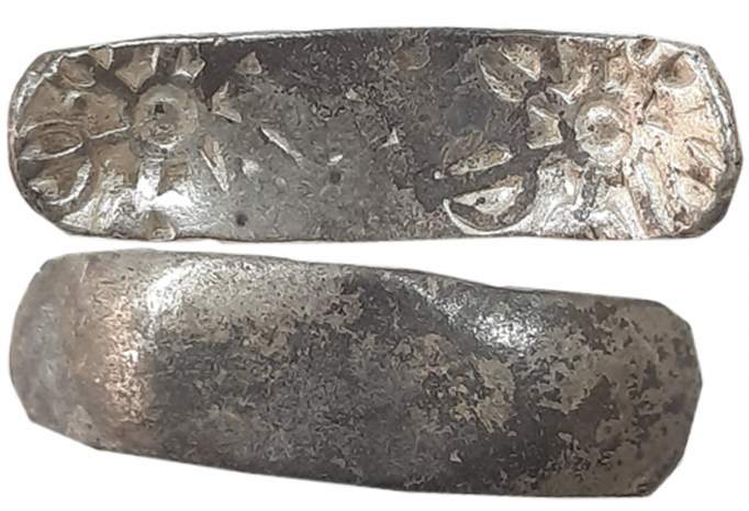 Punch Marked, Attributed to Gandhara Janapada, Silver Bent Bar, 11.18g, Uniface, Six armed