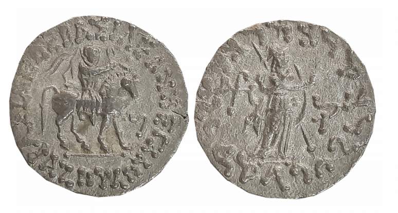 Indo Scythians, Azes, Silver Drachma, 8.90g, Obv: Armored King advancing to right on horse