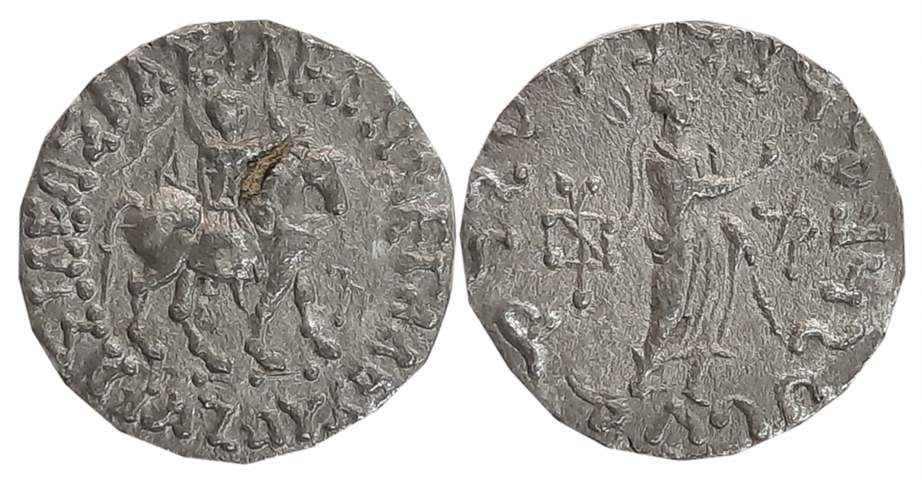 Indo Scythians, Azes, Silver Drachma, 8.90g, Obv: Armored King advancing to right on horse