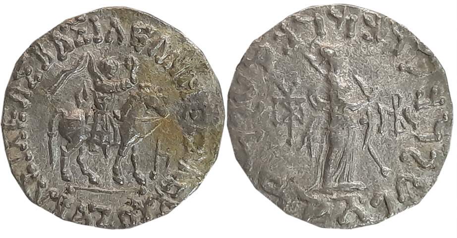 Indo Scythians, Azes, Silver Drachma, 8.90g, Obv: Armored King advancing to right on horse