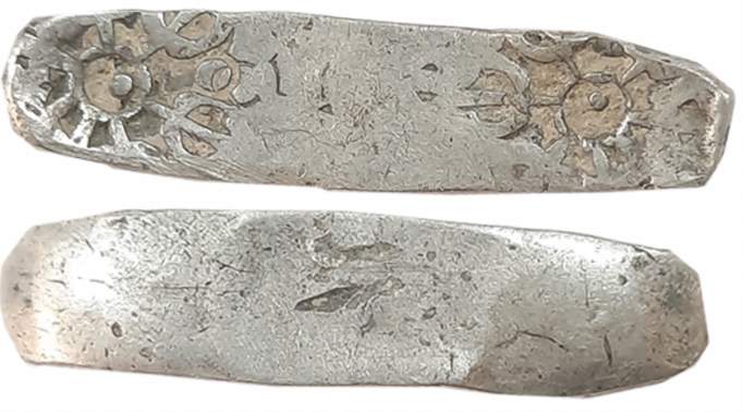 Punch Marked, Attributed to Gandhara Janapada, Silver Bent Bar, 11.23g, Uniface, Six armed