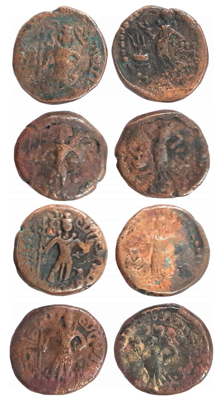 Yaudheyas, Copper (4), 10.96g, 10.92g, 10.84g, 10.64g, Obv: Lord Kartikeya standing with P