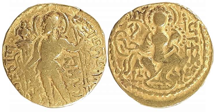 Guptas, Samudra Gupta, Gold Dinar, 7.41g, “Javelin” type, Obv: King Nimbate standing and h