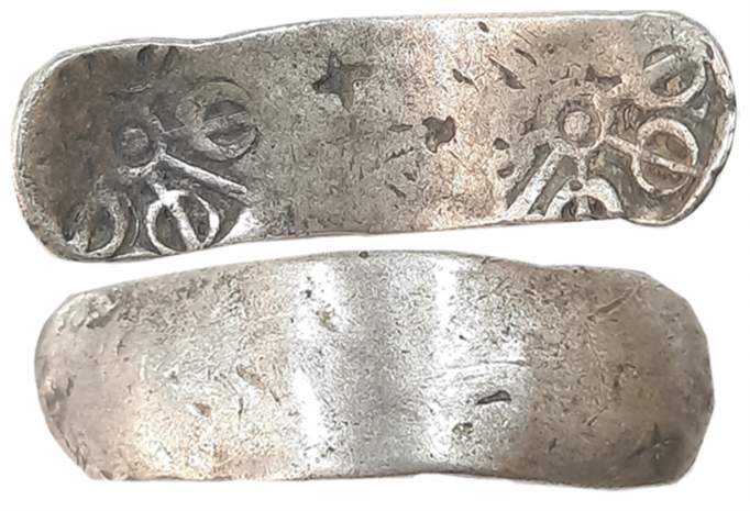 Punch Marked, Attributed to Gandhara Janapada, Silver Bent Bar, 11.32g, Uniface, Six armed