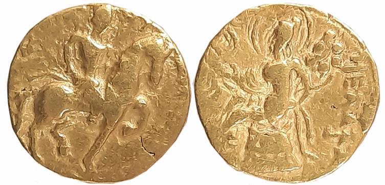 Guptas, Chandra Gupta II, Gold Dinar, 7.81g, “Horseman” type, Obv: King Nimbate, riding a 
