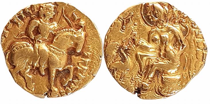 Guptas, Kumara Gupta, Gold Dinar, 8.18g “Horseman” type, Obv: King riding caparisoned Hors