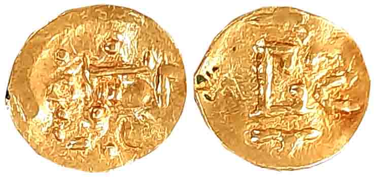 Gangas of&nbsp; Odisha , Anonymous, Gold Fanam, 0.46g, Obv: Bull seated facing right, Rev: