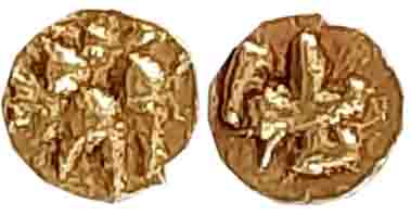 Chalukyas of Kalyana, Anonymous Ruler, Vengi issue, Gold 1/4 Fanam, 0.04g, Obv: Lion stand