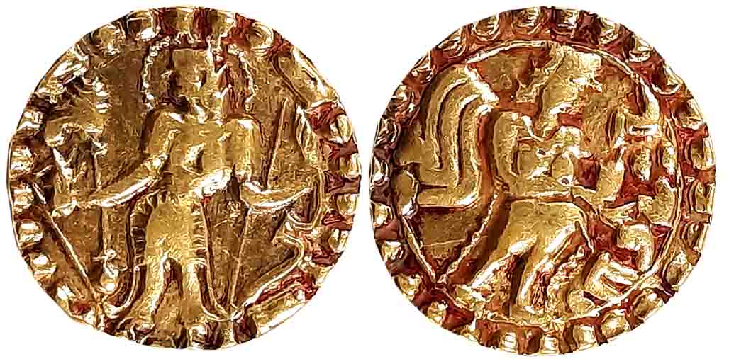 Post Gupta Bengal, Samatata region, Anonymous Gold Dinar, 5.46g, copying Gupta coin design