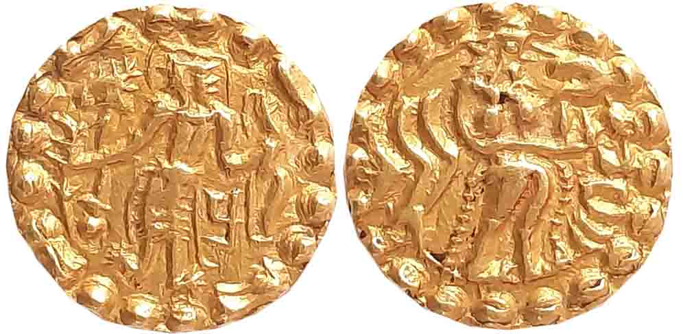 Post Gupta Bengal, Samatata region, Anonymous Gold Dinar, 5.62g, Obv: Nimbate king standin