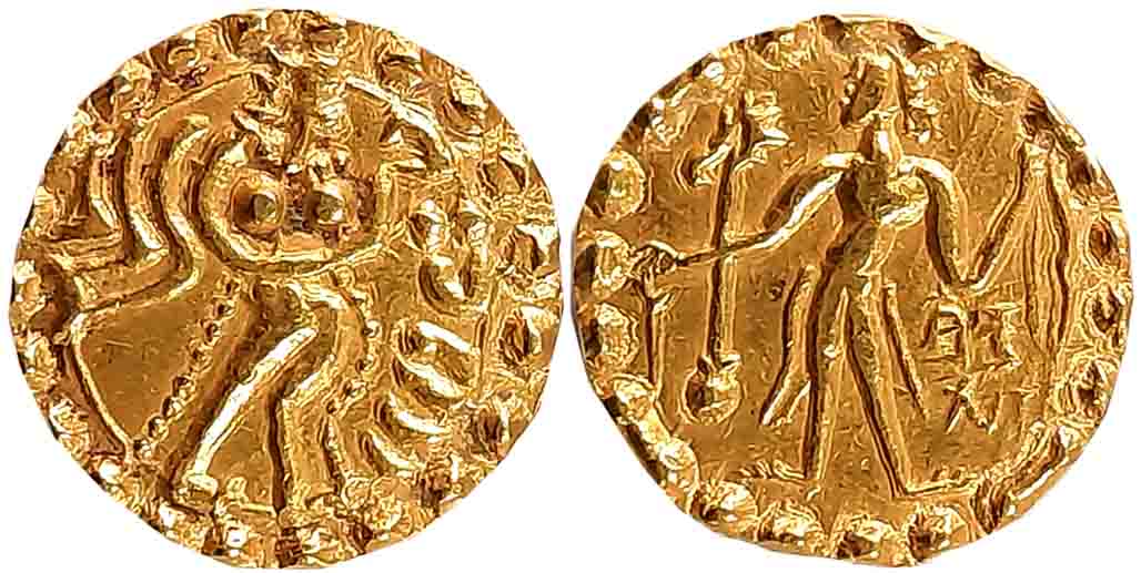 Post Gupta Bengal, Samatata region, Sri Kumara, Gold Dinar, 5.73g, Obv: King without halo 