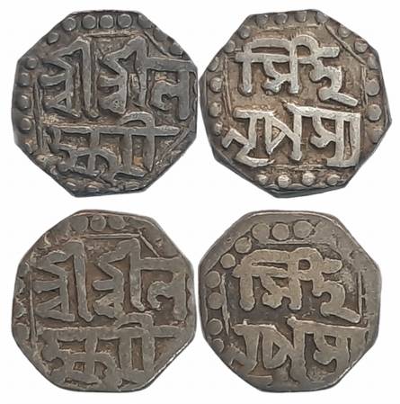 Lakshmi Simha, Silver 1/8 Rupees (2), 1.41g, 1.43g, Assamese legend on both sides within d