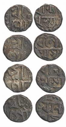 Gaurinatha Simha, Silver 1/32 Rupees (4), 0.35g, 0.35g, 0.35g, 0.31g, Obv: “Sri/ Gau”, Rev