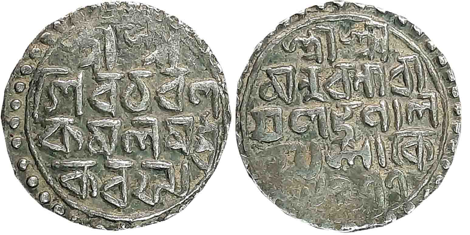 Nara Narayan, Silver Tanka, 10.56g, SE 1477, Bengali legend in 4 lines (KM# 35). Very fine