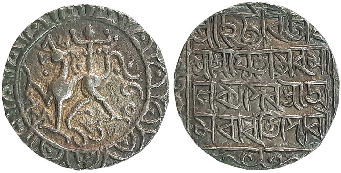 Amara Manikya with Queen Amravati Devi, Silver Tanka, 10.76g, SE 1503, Obv: Lion to left, 