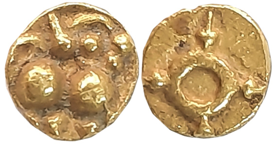 Chalukyas of Kalyana, Gold Fanam, 0.34g, Obv: Lion standing facing right with a raised paw