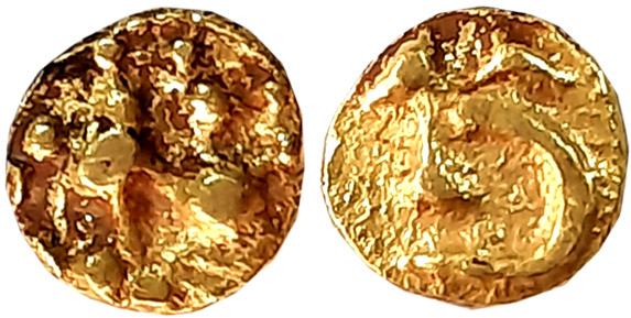 Chalukyas of Kalyana, Gold Fanam, 0.36g, Obv: Lion standing facing right with raised fore 