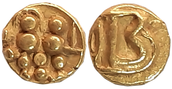 Chalukyas of Kalyana, Gold Fanam, 0.34g, Obv: Lion standing facing left with raised paw, R