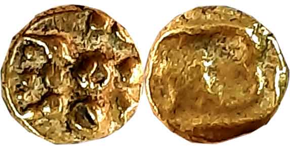 Chalukyas of Kalyana, Gold Fanam, 0.33g, Obv: Lion standing facing left with raised fore p