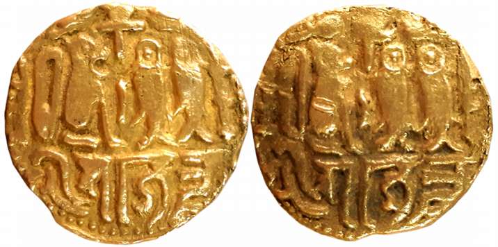 Imperial Cholas, Rajaraja I, Gold Gadyana, 4.26g, Obv: Tiger, Parasol above 2 Fishes, a st