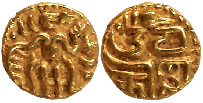 Imperial Cholas, Rajaraja I, Gold 1/2 Fanam, 0.71g, Obv: King standing facing right, Rev: 