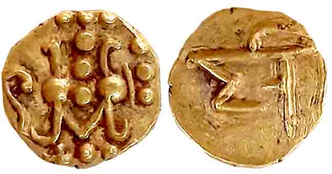 Alupas, Anonymous Gold Fanam, 0.43g, Obv: Alupa royal emblem of a pair of Fish, Rev: Devna