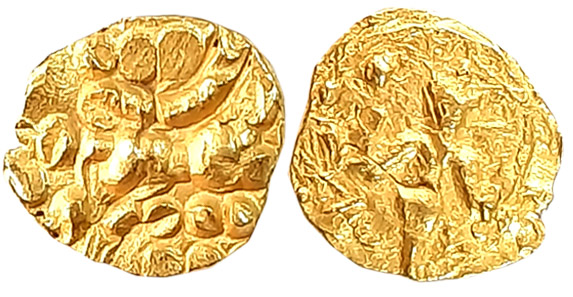 Hoysalas of Dwarasamudra, Vinayaditya, Gold Fanam, 0.40g, Obv: Lion walking to right, cres