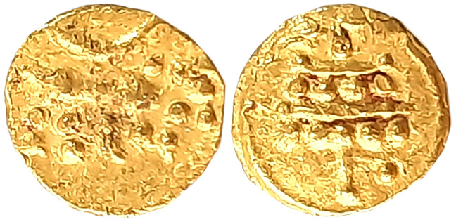 Hoysalas of Dwarasamudra, Vinayaditya, Gold Fanam, 0.40g, Obv: Lion walking to right, cres