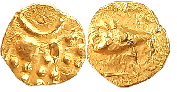 Hoysalas of Dwarasamudra, Vinayaditya, Gold Fanam, 0.39g, Obv: Lion walking to right, cres