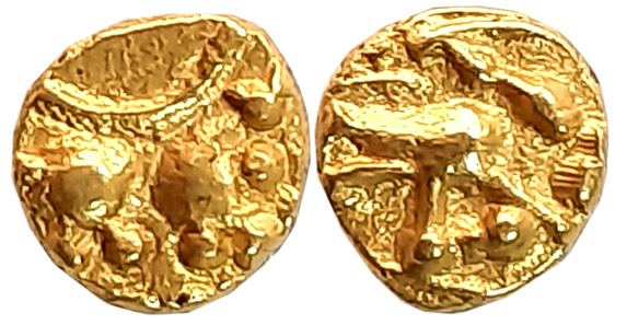 Hoysalas of Dwarasamudra, Vinayaditya, Gold Fanam, 0.41g, Obv: Lion walking to right, cres
