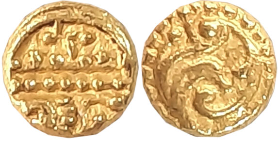 Kadambas of Hangal, Anonymous, Gold Fanam, 0.42g, Obv: Temple, Rev: Floral scroll. Extreme