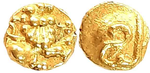 Kadambas of Hangal, Gold Fanam, 0.37g, Obv: Lion standing facing right with raised paw, Re