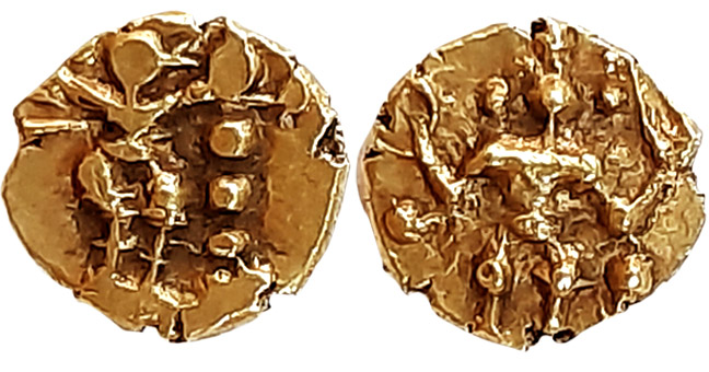 Kadambas of Nagarkhanda, Gold Fanam, 0.42g, Obv: Garuda standing facing right to a lamp wi