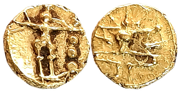 Kadambas of Nagarkhanda, Gold Fanam, 0.40g, Obv: Garuda standing facing right to a lamp wi
