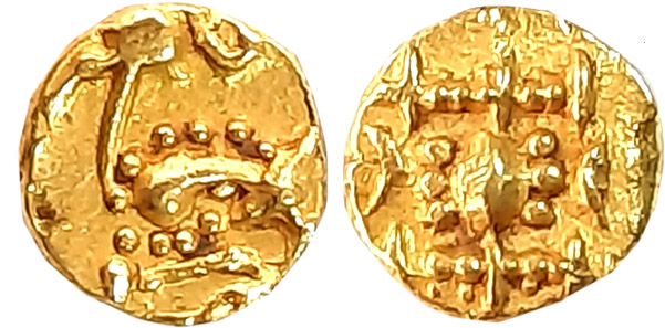 Santaras of Santalige, Anonymous, 10th century, Gold Fanam, 0.38g, Obv: Lion standing faci