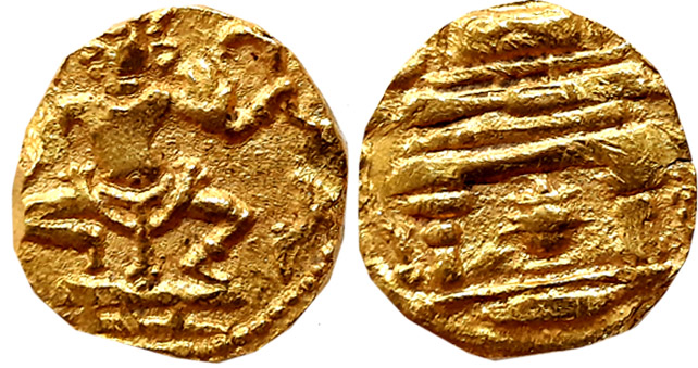 Shilaharas of Kolhapur, Anonymous Gold Gadyana, 3.95g, Obv: Garuda dancing facing left, ho