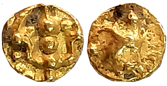 Shilaharas of Kolhapur, Wai/ Karhad region, Gold 1/2 Fanam, 0.19g, Obv: Trident, Rev: Runn