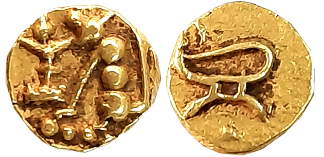 Kongalvas, Gold Fanam, 0.45g, Obv: Tiger seated on a lotus, facing left. Pedestal lamp in 