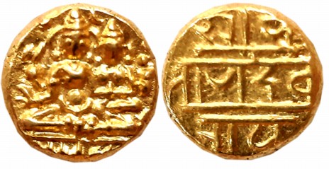 Vijaynagar Empire, Devaraya I, Gold Varaha- Hon, 3.39g, Obv: Lord Vishnu seated in Padmasa