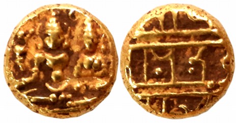 Vijaynagar Empire, Devaraya I, Gold Varaha- Hon, 3.43g, Obv: Lord Vishnu seated in Padmasa