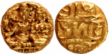Vijaynagar Empire, Devaraya I, Gold 1/2 Varaha, 1.71g, Obv: Lord Shiva Parvati seated. Rev
