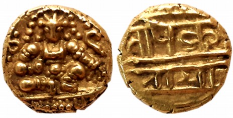 Vijaynagar Empire, Krishnadevraya, Gold Varaha- Hon, 3.39g, Obv: Lord Balakrishna seated f
